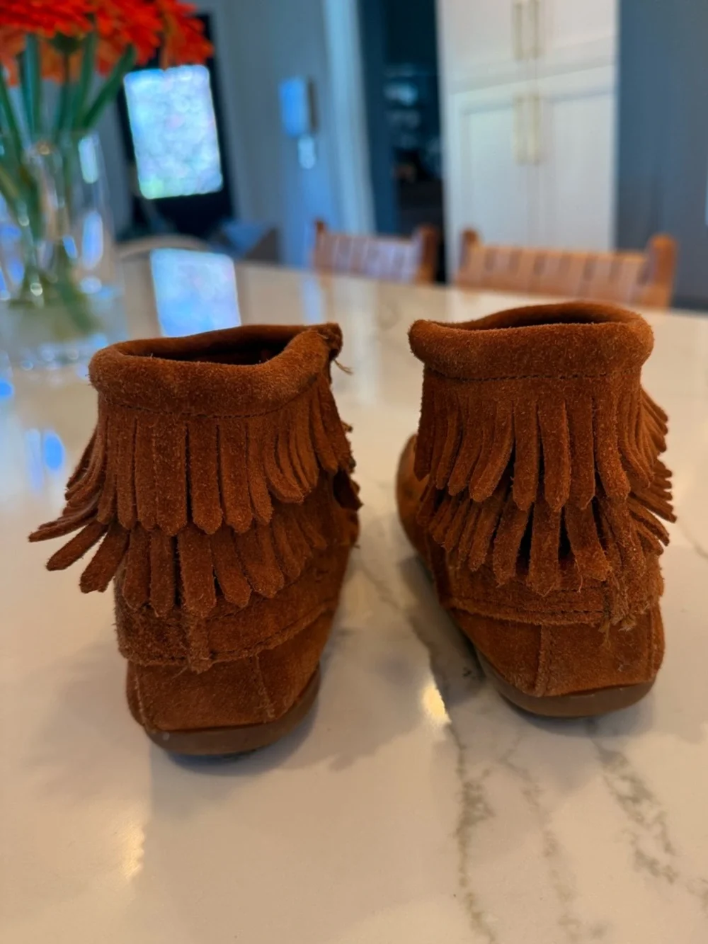 Kids Minnetonka Suede Fringe Ankle Boots - Brown size 13